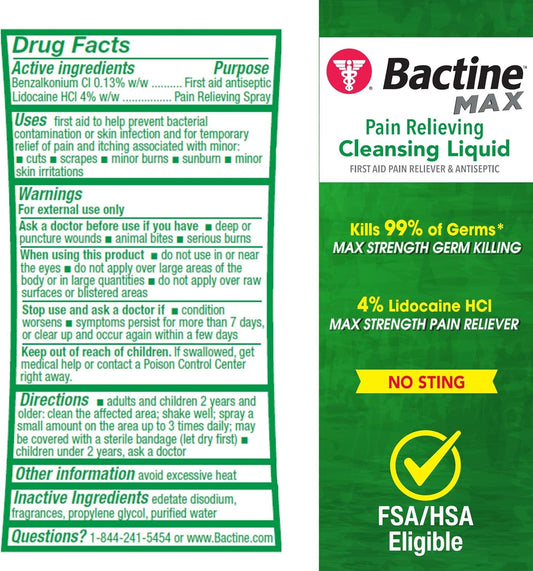 Bactine Max First Aid Spray - Cleansing Spray With 4% Lidocaine - Relief For Minor Cuts, Burns & Bug Bites - 5Oz