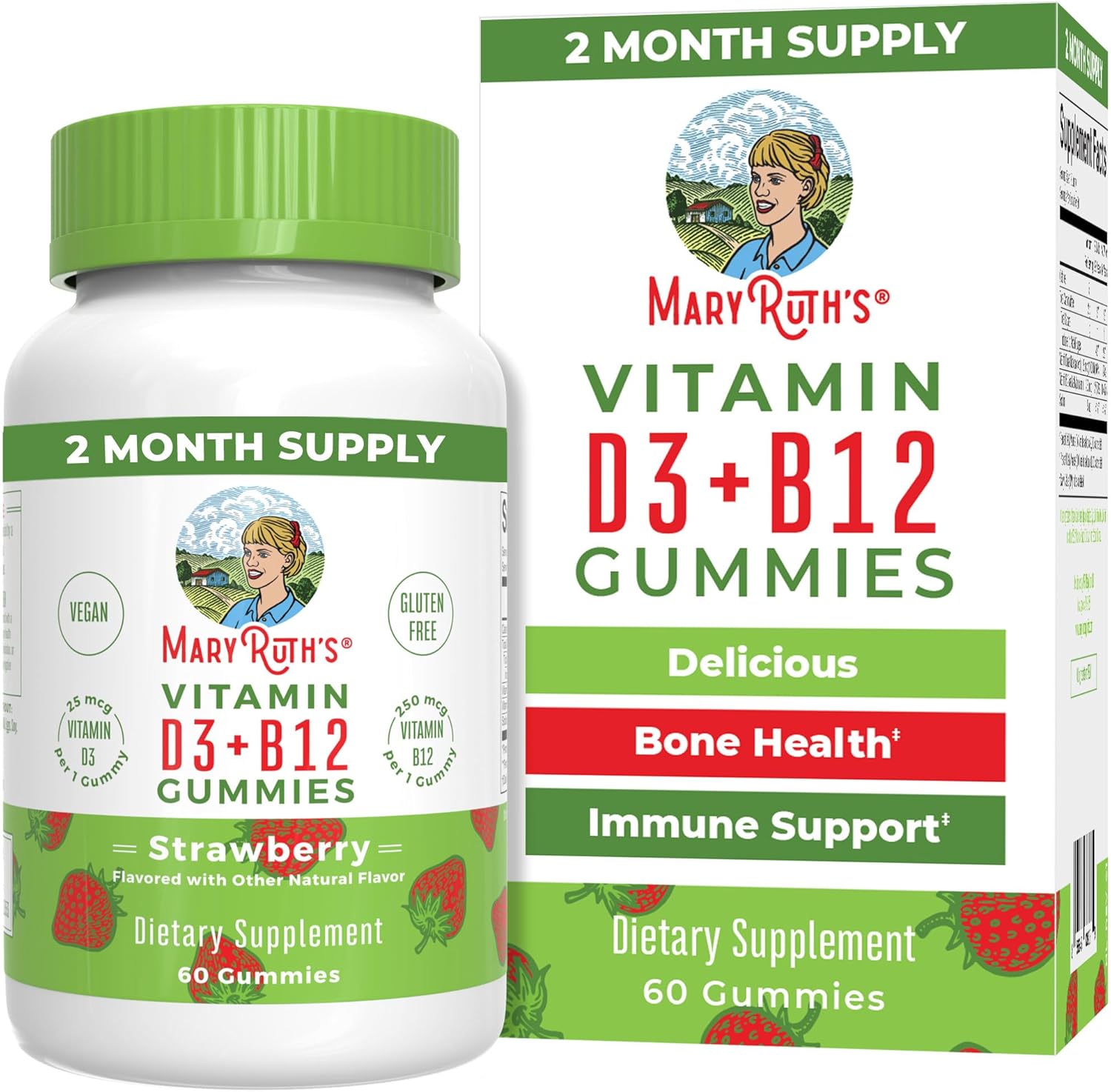 Maryruth Organics Vegan Vitamin D3 + Vitamin B12 Gummies | 2 Month Supply | Supports Bone Health | Immune Support Supplement | Energy Supplements | Methyl B12 Vegan Non-Gmo Gluten Free | 60 Servings
