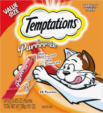 Temptations Creamy Puree Squeezable Lickable Wet Cat Treat Variety Pack, 0.42 Oz. Tubes, Pack Of 24