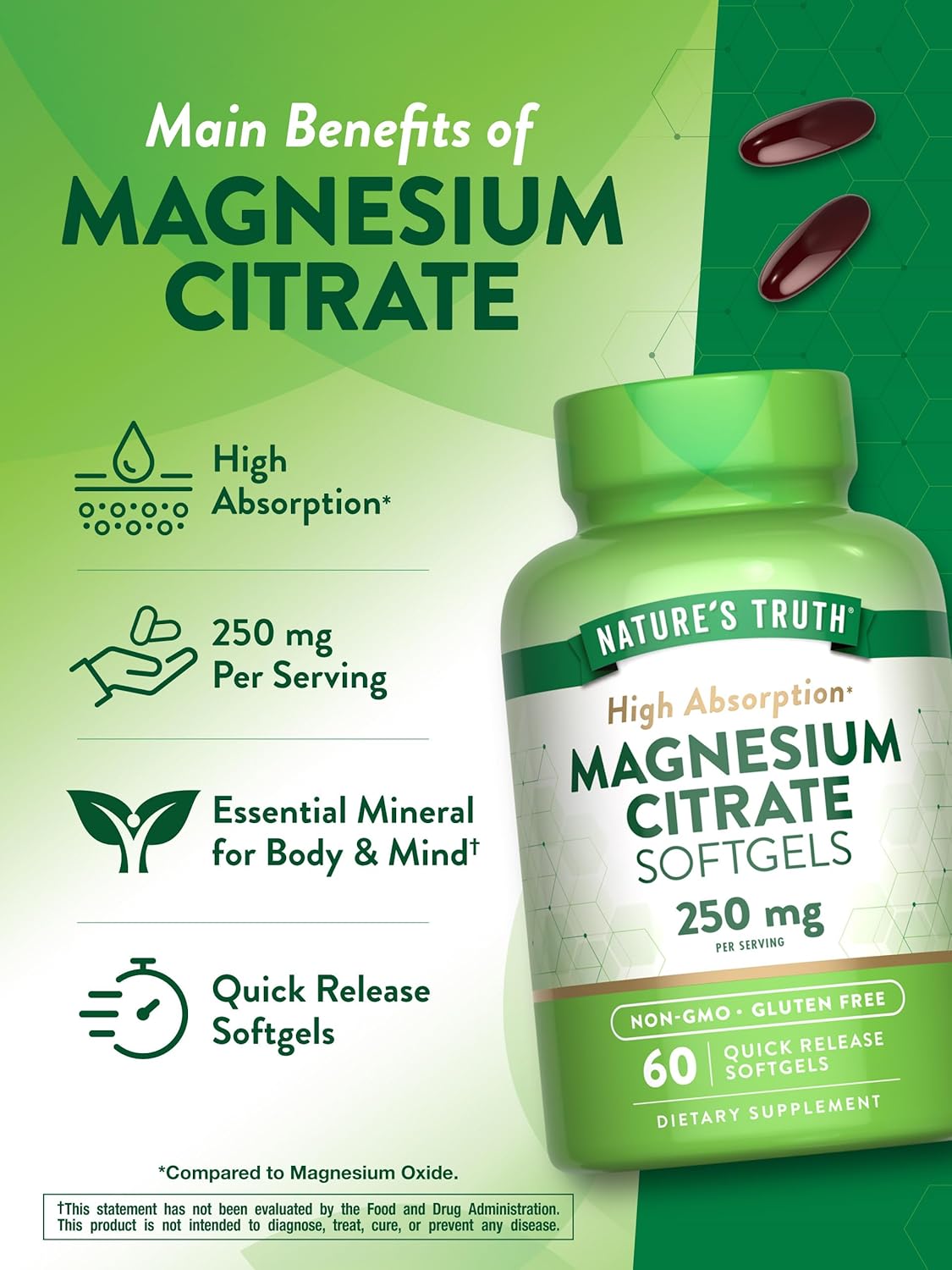 Nature's Truth Magnesium Citrate Softgels | 250mg | 60 Count | High Absorption | Non-GMO & Gluten Free Supplement : Health & Household