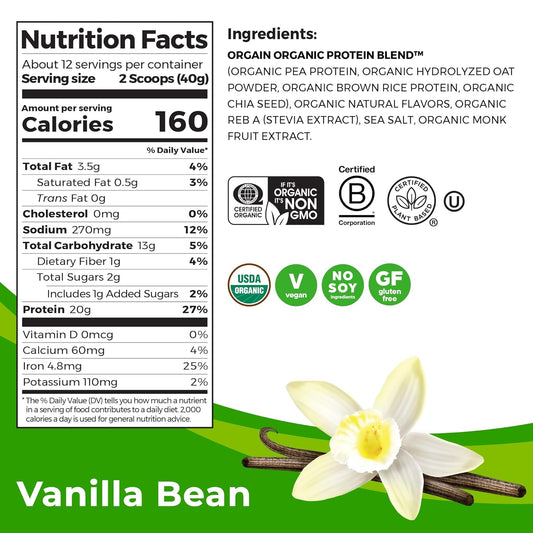 Orgain Organic Vegan Protein Powder + Oat Milk, Vanilla Bean - 20g Pla