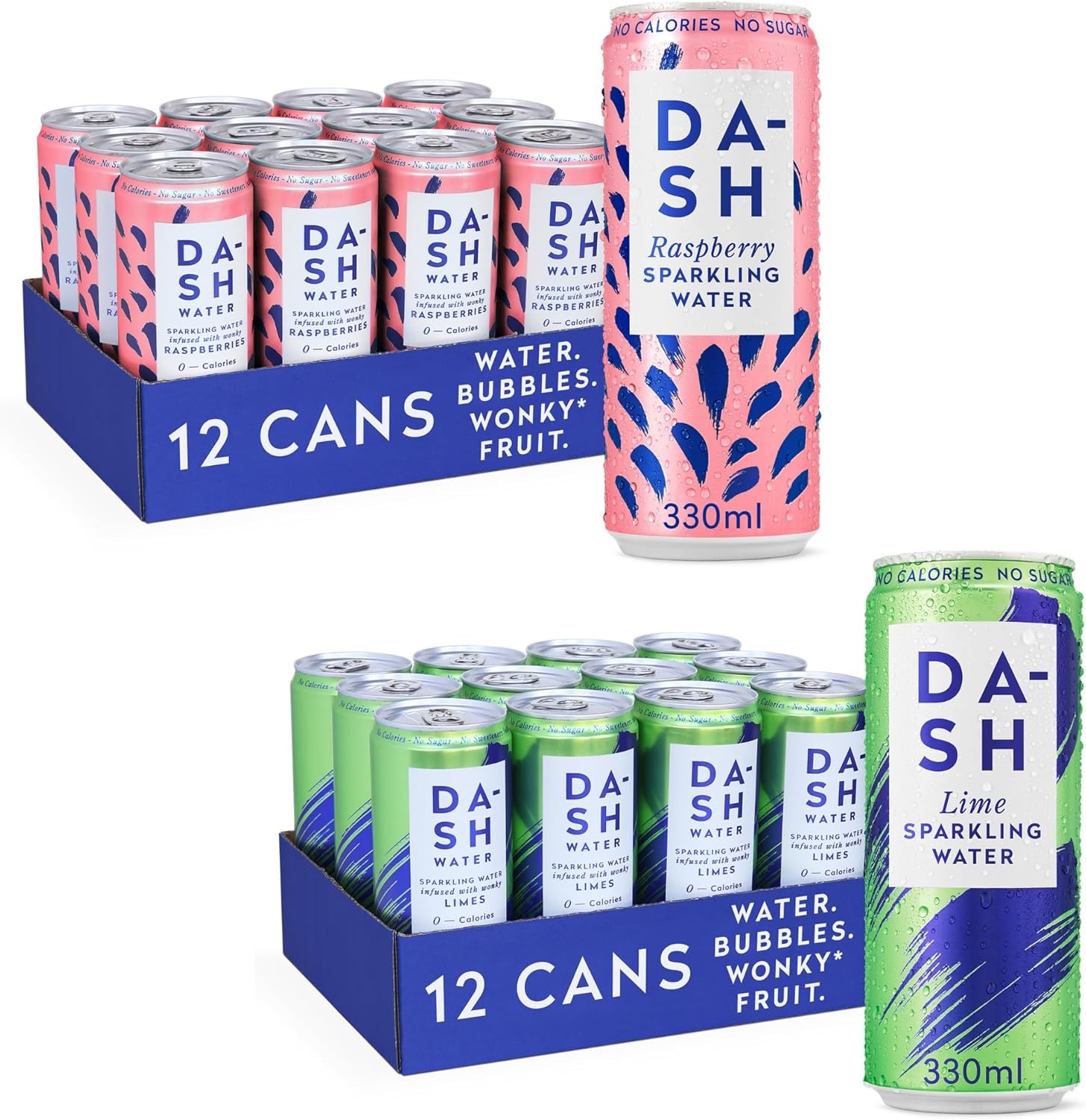 Dash Water - Pack Of 24-12X Lime, 12X Raspberry - No Sugar, No Sweetener, No Calories - Infused With Wonky Fruit (330Ml Per Can)