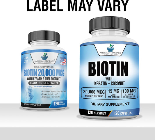 Biotin 20,000Mcg With Keratin, Coconut Powder And Zinc, Hair Growth Supplements, Biotin Supplements, Healthy Hair Skin & Nails For Adults,120 Veggie Capsules, 120 Day Supply