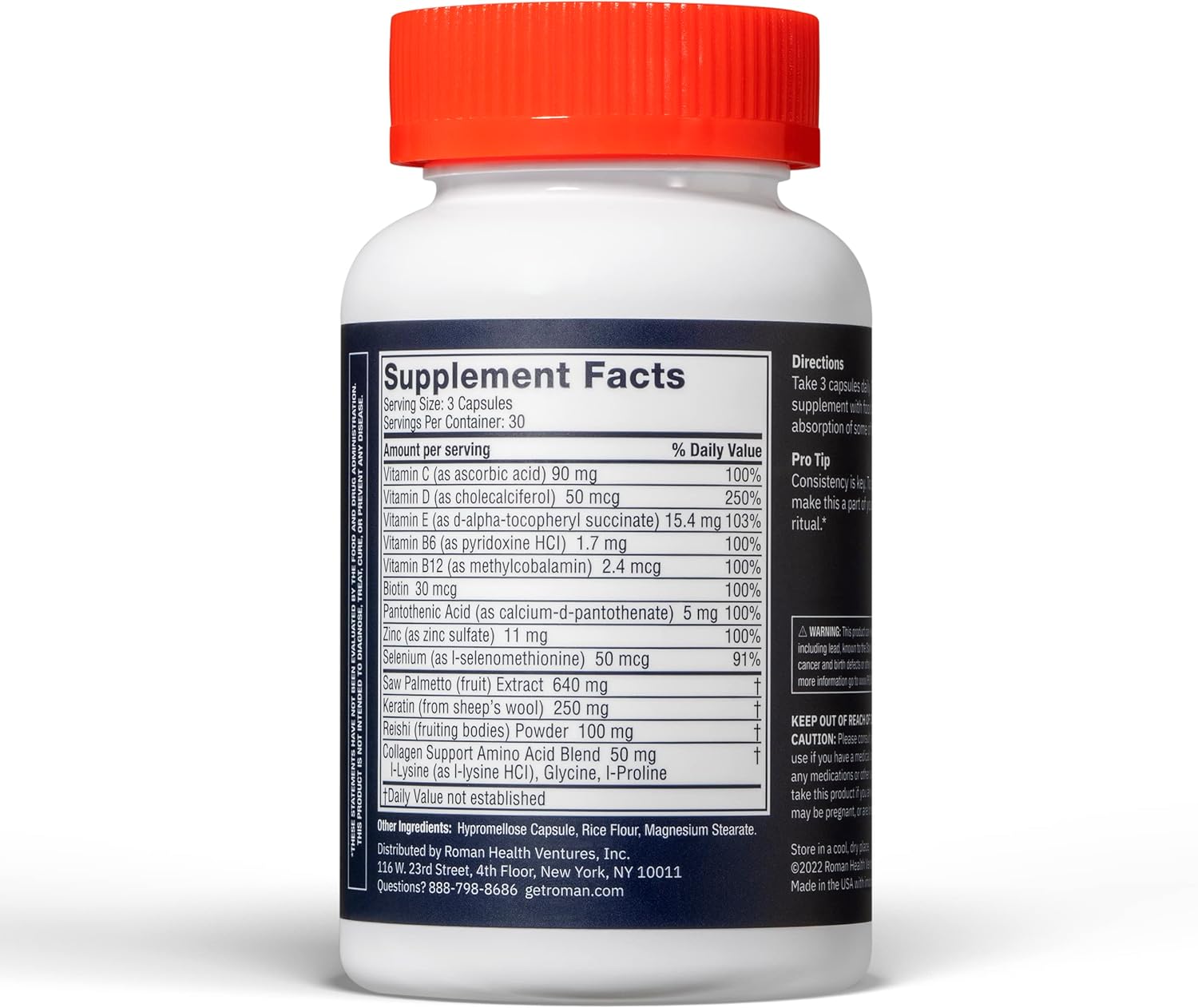 Roman Hair Support Supplement For Men | With Saw Palmetto, Zinc, And Biotin To Help Support And Nourish Hair | 30-Day Supply (90 Capsules) : Health & Household