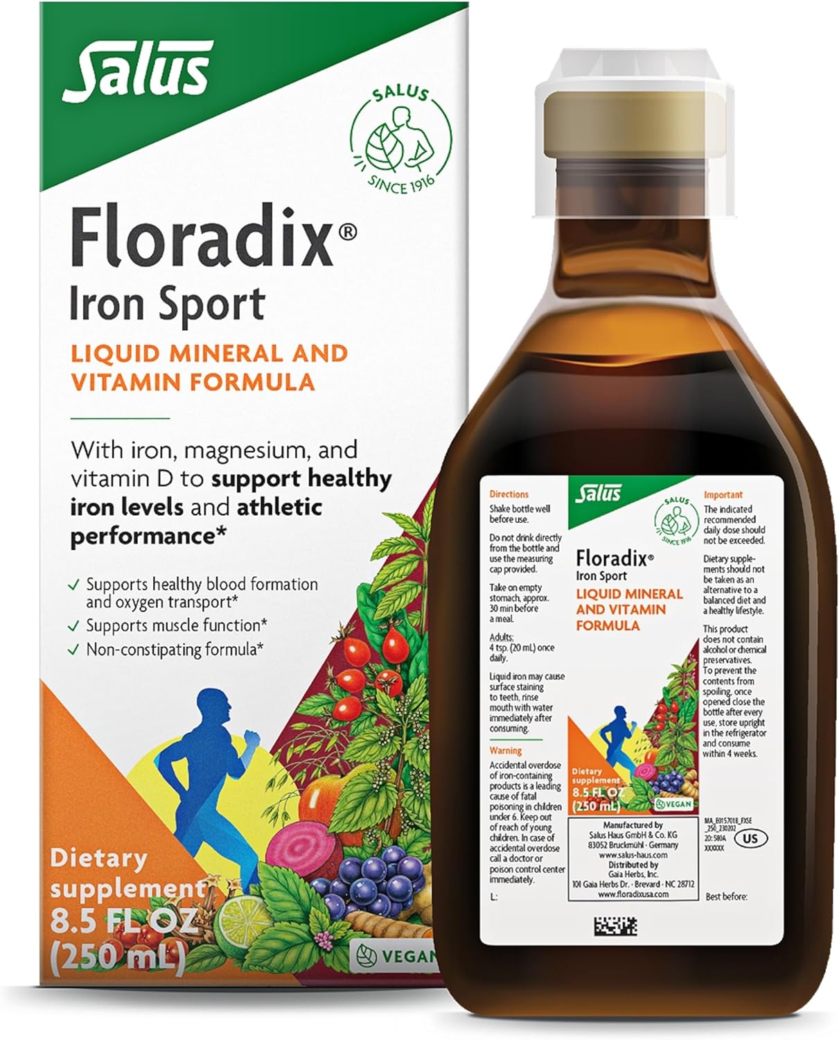 Floradix Iron Sport Liquid Mineral & Vitamin Formula - Daily Vitamin For Nutritional & Energy Support* - Sports Nutrition With Iron, B Vitamins & More - Vegan & Non-Gmo - 8.5 Fl Oz