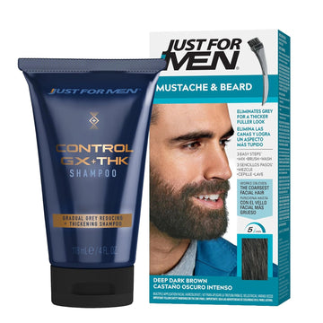 Just for Men Control GX + THK Grey Reducing and Thickening Shampoo, 4 oz (Pack of 1) Mustache & Beard, Deep Dark Brown, M-46, Pack of 1
