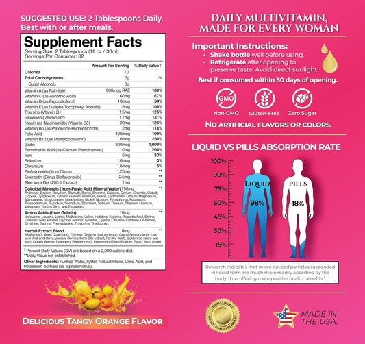 Premium Liquid Multivitamin For Women | Sugar Free Women’S Multivitamin | 100+ Vitamins, Minerals & Herbs Promote Anti-Aging, Heart, Brain & Bone Health |98% Absorption Rate | Non-Gmo | 32 Serv