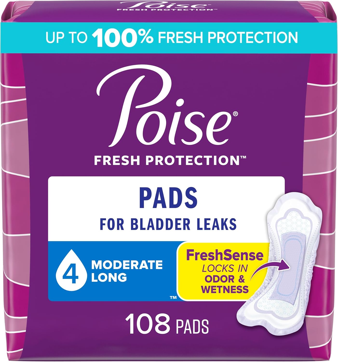 Poise Incontinence Pads & Postpartum Incontinence Pads, 4 Drop Moderate Absorbency, Long Length, 108 Count, Packaging May Vary