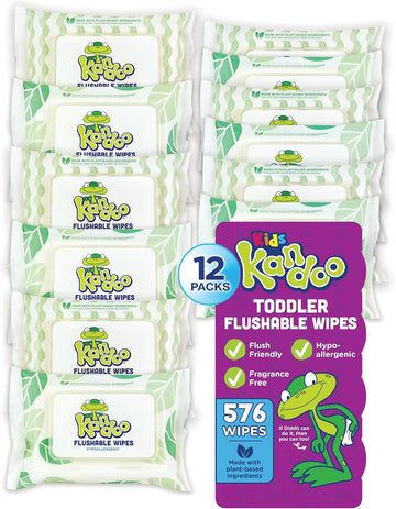 Flushable Wipes For Baby And Kids By Kandoo, Sensitive And Unscented Formula, Hypoallergenic Potty Training Wet Cleansing Cloths , 48 Count, Pack Of 12