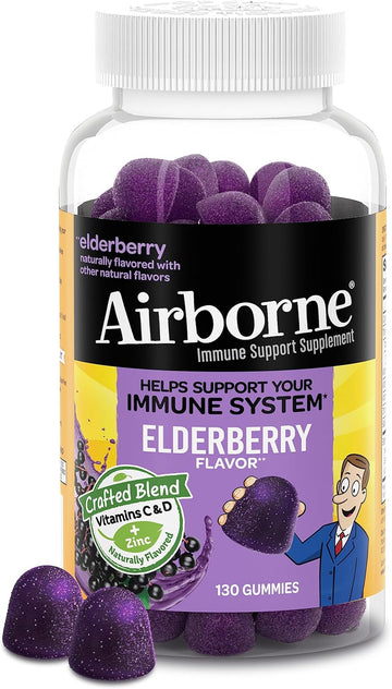 Airborne Elderberry + Zinc & Vitamin C Gummies For Adults, Immune Support Vitamin D & Zinc Gummies with Powerful Antioxidant Vitamins C D & E - 130 Gummies, Elderberry Flavor