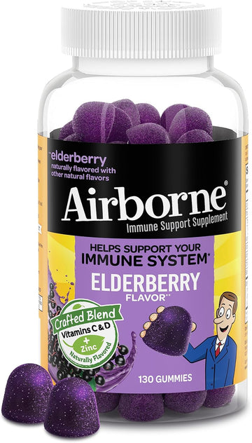 Airborne Elderberry + Zinc & Vitamin C Gummies For Adults, Immune Support Vitamin D & Zinc Gummies With Powerful Antioxidant Vitamins C D & E - 50 Gummies, Elderberry Flavor