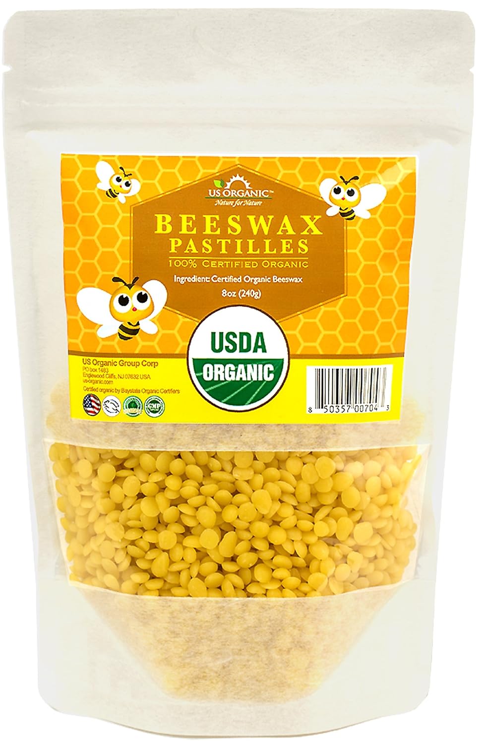 US Organic Beeswax 100% Pure Yellow Pastilles, USDA Certified, for DIY Candle, Lip Balm, Body Cream, Lotion, Deodorant, Crayon, and Many More uses. 8 oz (Medium)