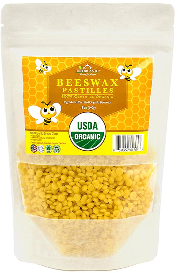 US Organic Beeswax 100% Pure Yellow Pastilles, USDA Certified, for DIY Candle, Lip Balm, Body Cream, Lotion, Deodorant, Crayon, and Many More uses. 8 oz (Medium)