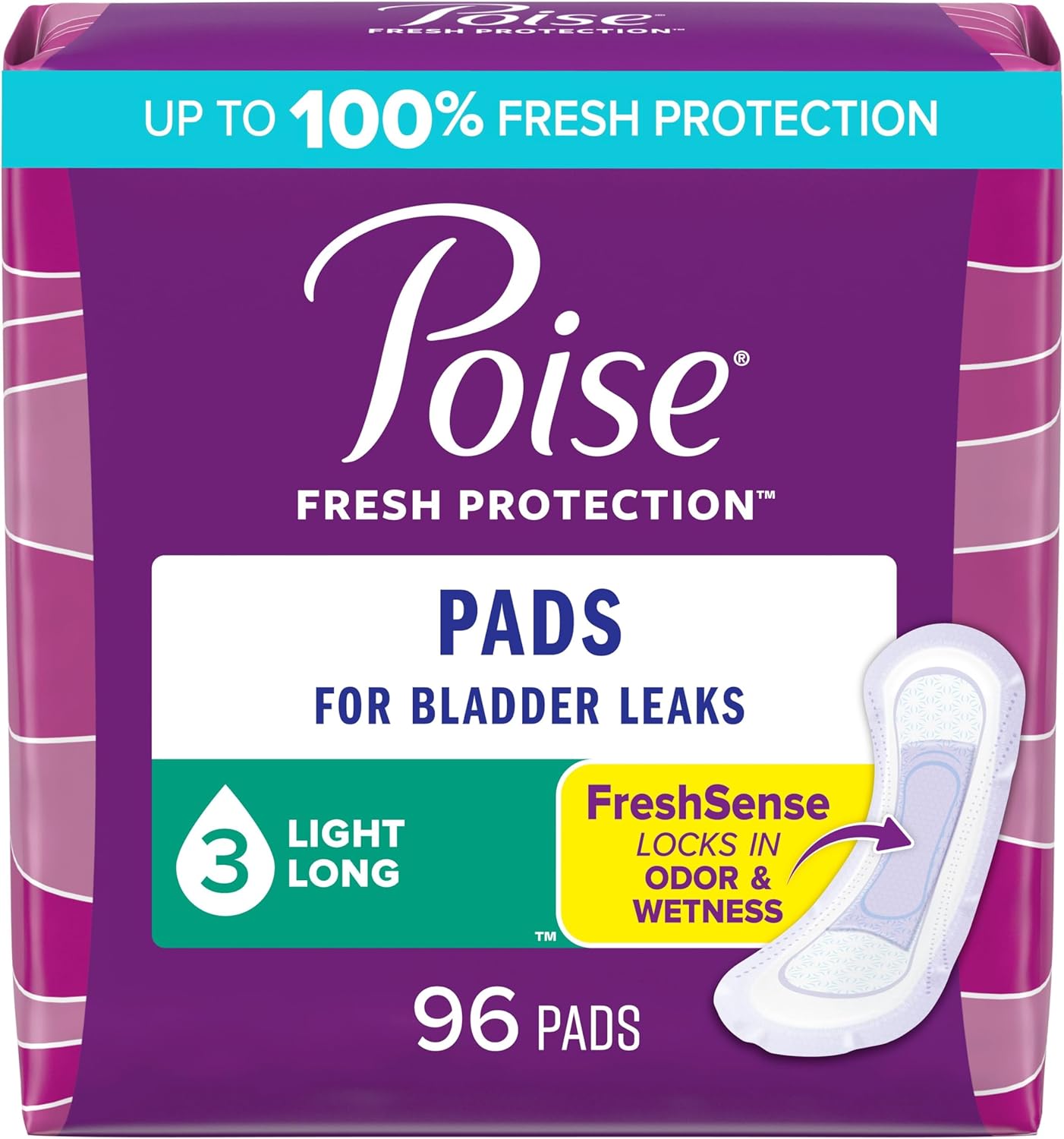 Poise Incontinence Pads & Postpartum Incontinence Pads, 3 Drop Light Absorbency, Long Length, 96 Count (4 Packs Of 24), Packaging May Vary