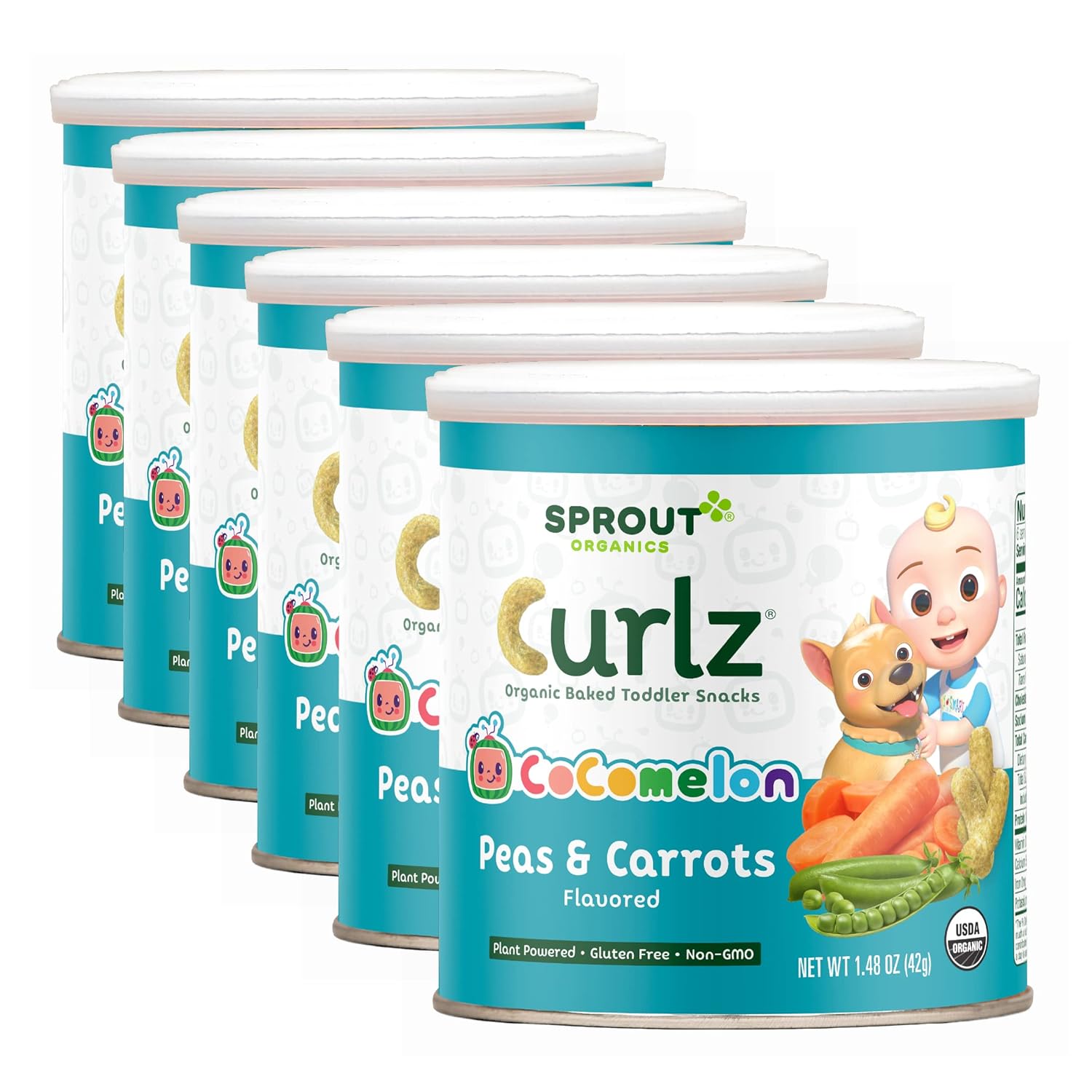 Sprout Foods Cocomelon Sprout Organic Baby Food, Toddler Snacks, Peas And Carrots Curlz, 1.48 Oz Canister (6 Count)