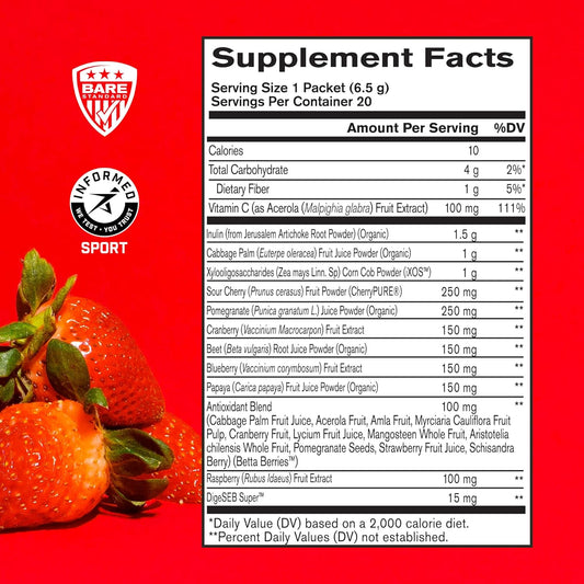 Bare Performance Nutrition, Bpn Strong Reds Go Packs, Red Superfood Powder, Digestive Enzymes, Antioxidants, Improved Natural Energy, 20 Servings, Strawberry