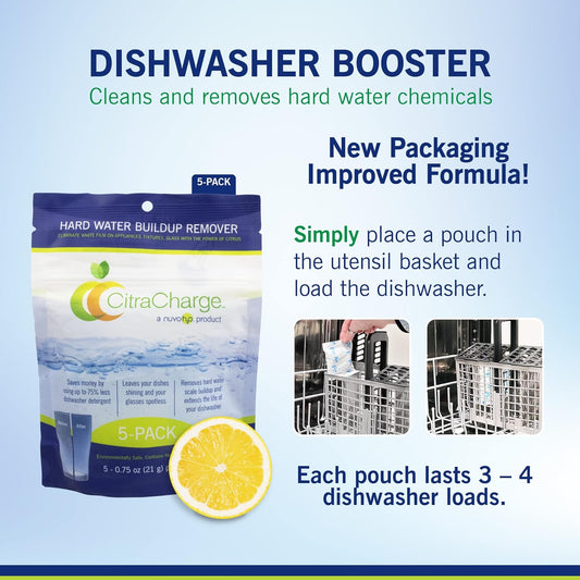 NuvoH2O CitraCharge - New Packaging! Hard-Water Buildup Remover, Dishwasher Booster and Cleaner, Multipurpose Cleaning Agent for Sink Fixtures, Toilets, Glass, Washing Machines, and More