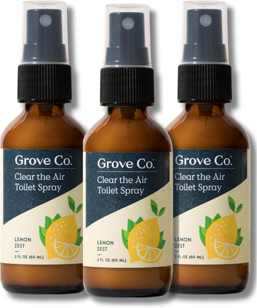 Grove Co. Toilet Spray, Clear the Air Bathroom Spray Air Freshener (2 fl oz) Odor Eliminator for Strong Odor, 100% Natural Lemon Zest Scent, Vegan, Paraben & Phthalate Free (Pack of 3)