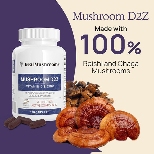 Real Mushrooms Zinc Supplements For Adults (120Ct) Vitamin D2 Immune Support With Chaga & Reishi - Vegan, Gluten-Free, Non-Gmo Zinc Vitamins For Adults - Mushroom Zinc Capsules