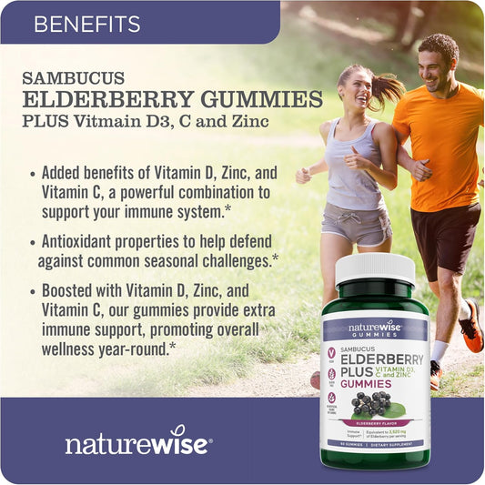 Naturewise Elderberry Gummies With Vitamin C + D3 + Zinc - Equivalent To 3,250Mg Premium Sambucus Elderberries - Immune Support For Kids* & Adults - Vegan, Non-Gmo - 60 Count[1-Month Supply]