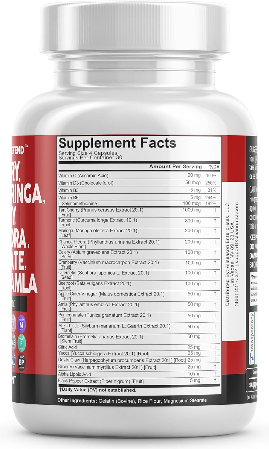 Clean Nutraceuticals Tart Cherry Extract Capsules 20,000mg with Turmeric 8000mg Moringa 4000mg Cranberry 2000mg Chanca Piedra Celery Quercetin ACV Pomegranate L Selenomethionine - Uric Levels - 120 Ct : Health & Household