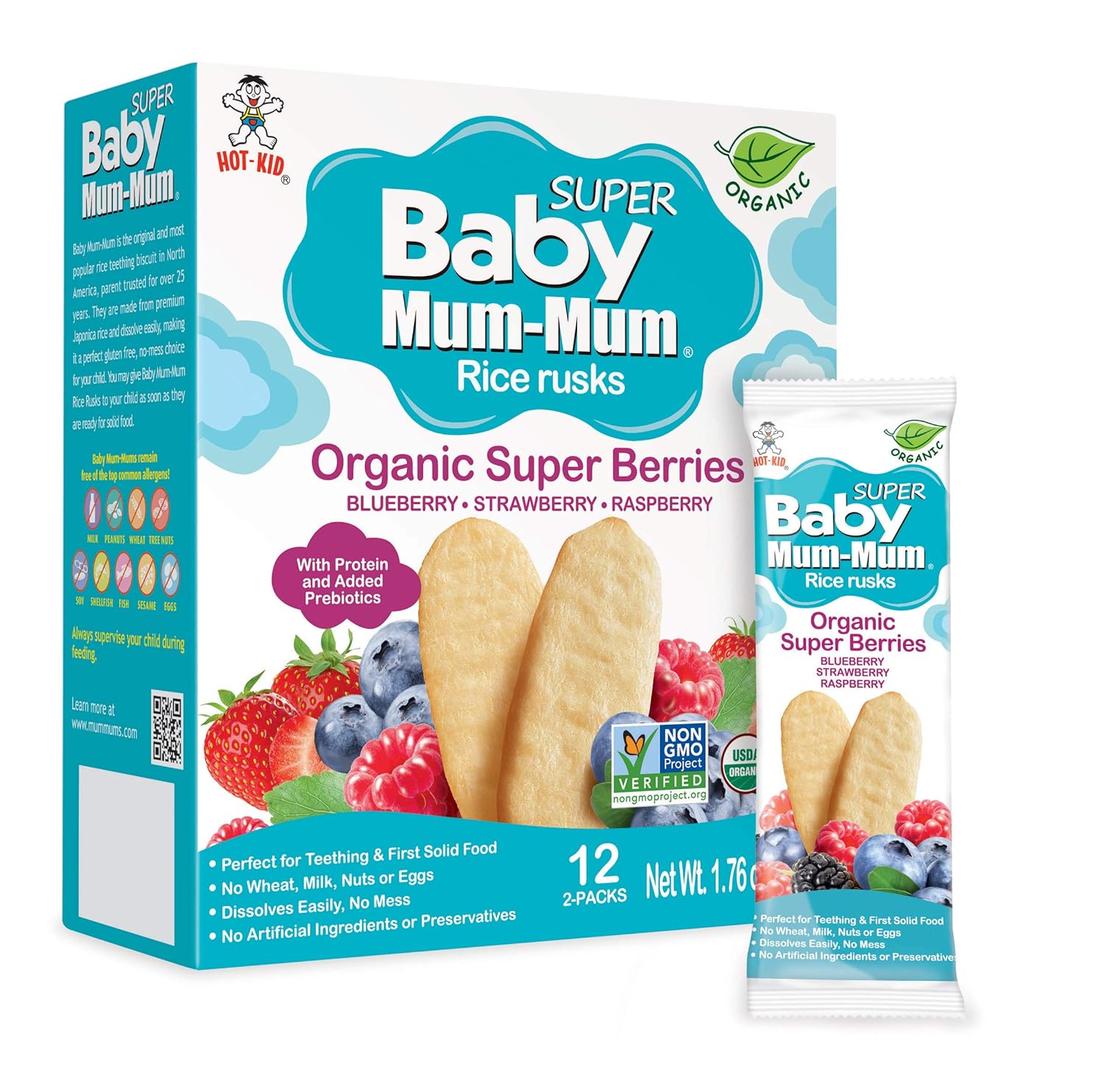 BABY MUM-MUM Organic Rice Rusks Baby Snacks - Super Berries Flavor (Pack of 6) | Infant Teething Biscuits - Non-GMO, Gluten Free, Allergen Free : Baby