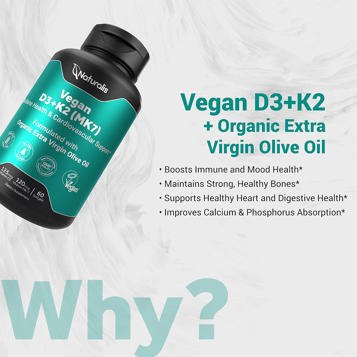 Naturalis Vegan Vitamin D3 + K2 from Algae | 5000iu Vitamin D with 120mcg MK7 Vitamin K | Vegan Society Certified, Sustainably Sourced, Better Than Animal Derived | 60 Veggie Softgels : Health & Household