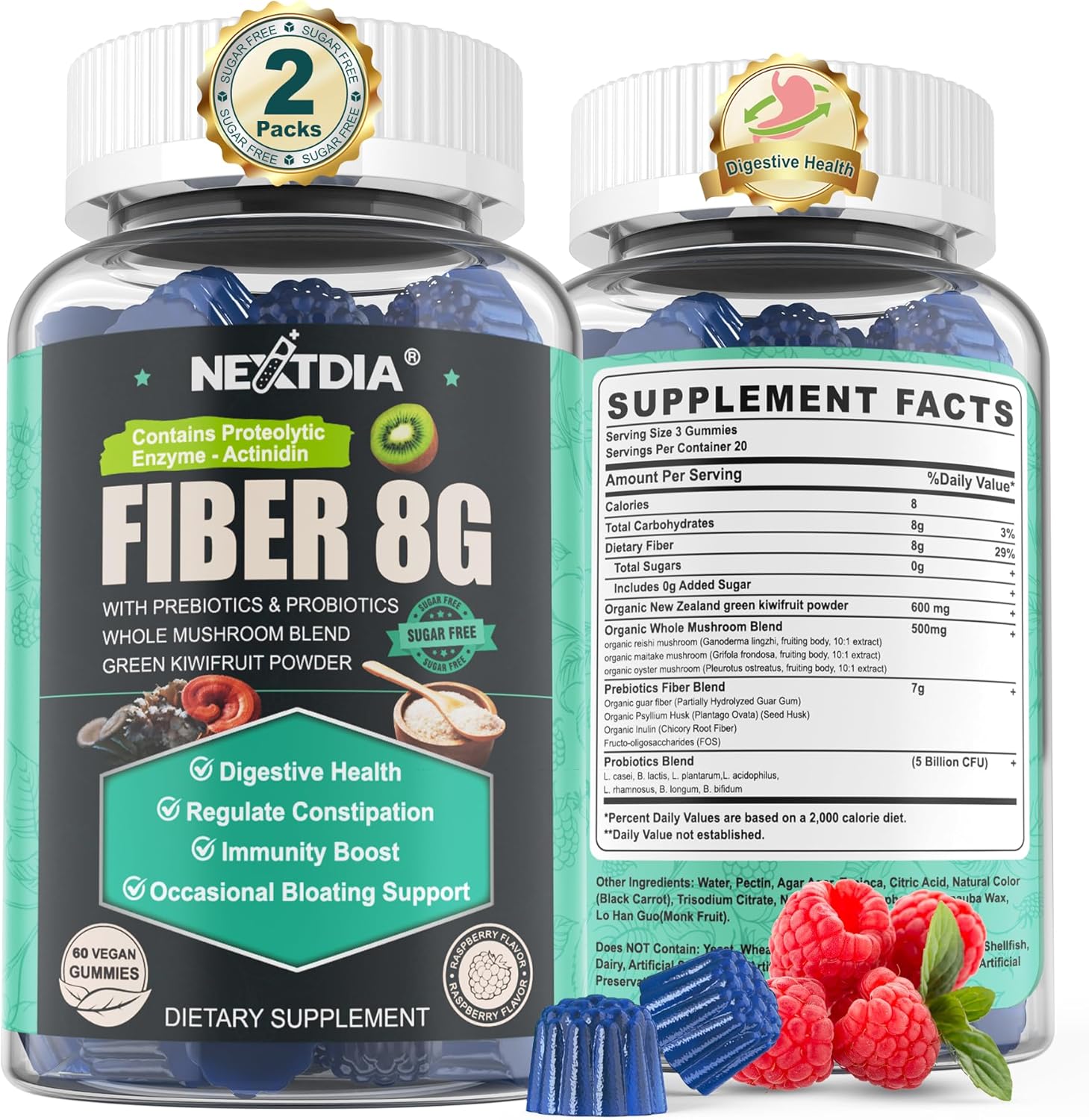 Sugar Free Prebiotic Fiber Supplement For Women & Men | High Fiber Gummies With Mushroom,Psyllium Husk, Digestive Enzymes, Guar Gum, Inulin To Support Gut & Digestive Health |120 Vegan Gummies