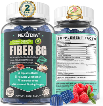 Sugar Free Prebiotic Fiber Supplement For Women & Men | High Fiber Gummies With Mushroom,Psyllium Husk, Digestive Enzymes, Guar Gum, Inulin To Support Gut & Digestive Health |120 Vegan Gummies