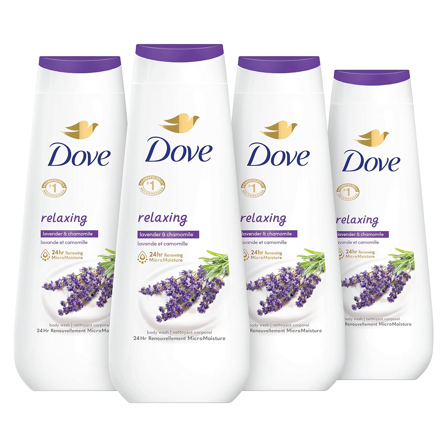 Dove Body Wash 4 Count Relaxing Lavender Oil & Chamomile For Renewed, Healthy-Looking Skin Gentle Skin Cleanser With 24Hr Renewing Micromoisture 20 Oz