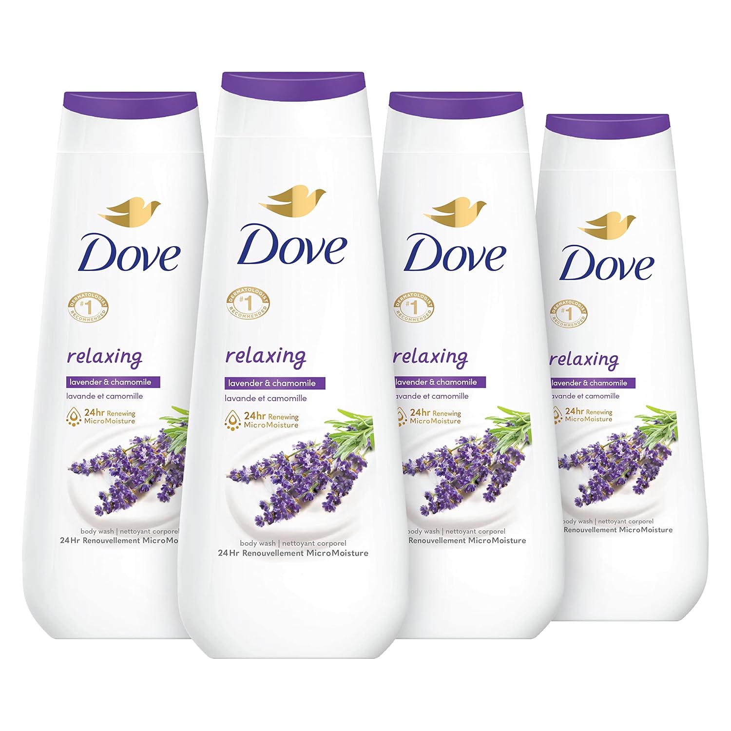 Dove Body Wash 4 Count Relaxing Lavender Oil & Chamomile For Renewed, Healthy-Looking Skin Gentle Skin Cleanser With 24Hr Renewing Micromoisture 20 Oz