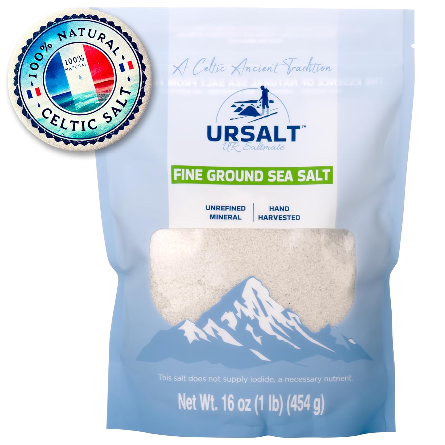 URSALT Celtic Salt Fine Ground Organic French Sea Salt, 1 lb - 16oz. Unrefined Hand Harvested 100% Natural Mineral Rich Sea Salt (1lb | 16oz | 454g)