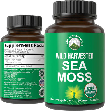 Organic Sea Moss Capsules. Wild Harvested Sea Moss Raw Organic Vegan Supplement From Red Algae Seaweed. 100% Whole Extract Raw Irish Seamoss Superfood Pills. For Gut, Respiratory, Immune Support