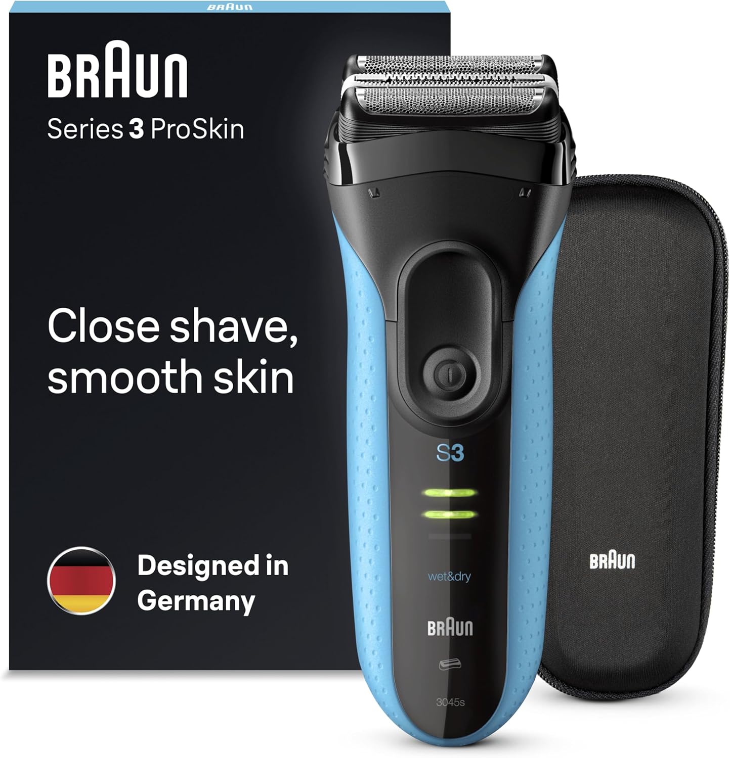 Braun Series 3 Electric Shaver, Rechargeable And Cordless Wet & Dry Electric Razor For Men With Precision Trimmer, Braun Proskin 3045S Black/Blue