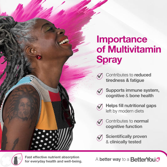 Betteryou Multivit Daily Oral Spray, Includes 14 Essential Nutrients To Support Health And Wellbeing, Multi Vitamin, Natural Blackcurrent And Plum Flavour, 25 Ml