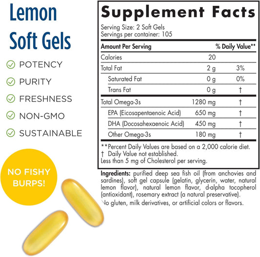 Nordic Naturals ProOmega, Lemon Flavor - 210 Soft Gels - 1000 mg Omega-3 - High-Potency Fish Oil with EPA & DHA - Promotes Brain, Eye, Heart, & Immune Health - Non-GMO - 105 Servings