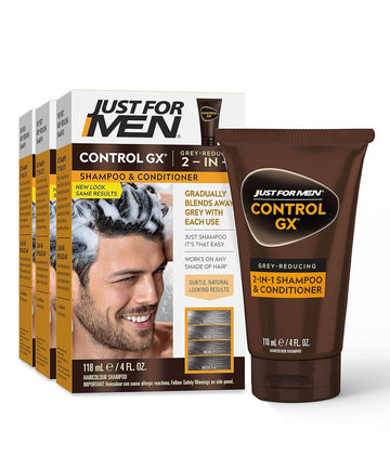 Just For Men Control Gx Grey Reducing 2-In-1 Shampoo And Conditioner, Gradual Hair Color For Stronger And Healthier Hair, 4 Fl Oz - Pack Of 3 (Packaging May Vary)