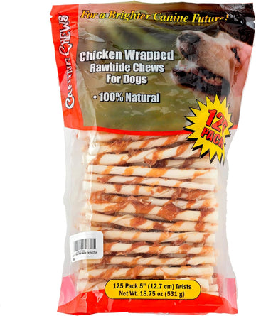 Canine Chews 5" Chicken Twist Sticks - (125 Pack) USA Sourced Chicken Wrapped Rawhide Dog Treats - Grain-Free Natural Chicken Sticks for Dogs - Protein Dense Chicken Wrapped Dog Treats