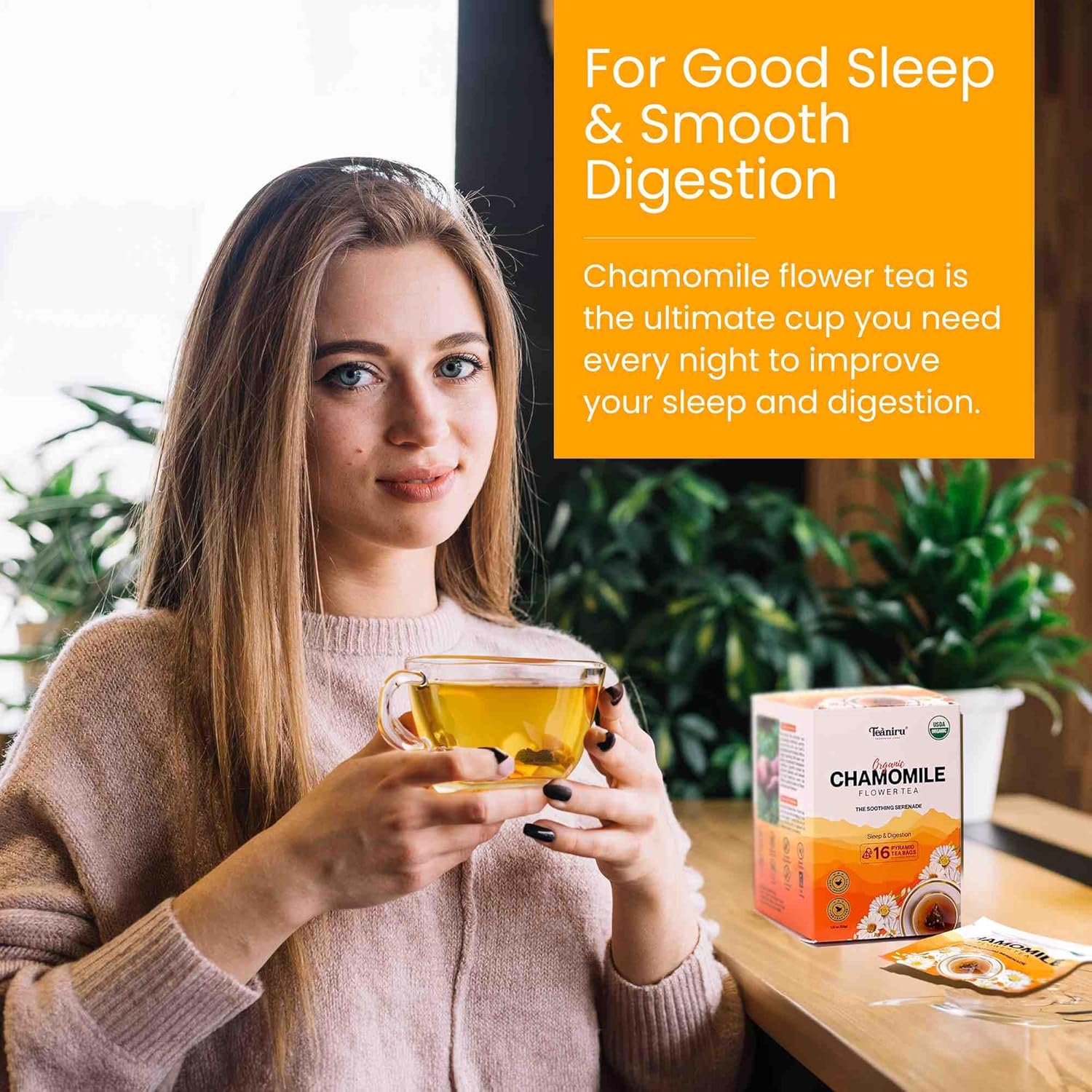 Teaniru, Pure Chamomile Flower Tea - 16 Individual Sachets | For Good Sleep & Healthy Digestion | Rich In Antioxidants & Minerals | Your Superherb Cup For Night Time | Certified By Usda Organic