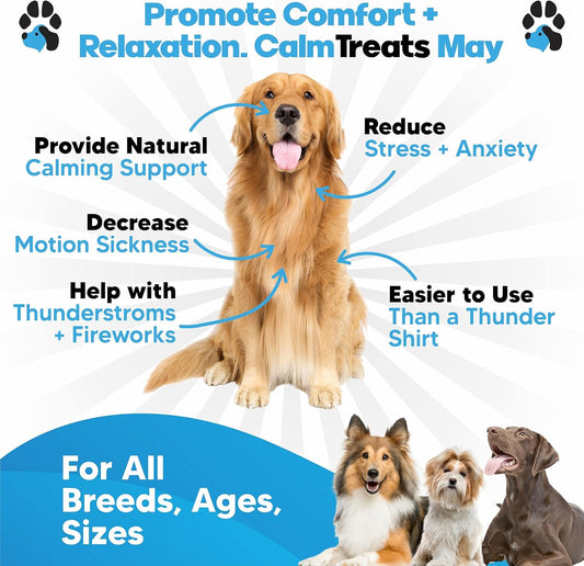 Calm Treats - Safe Calming Treats For Dogs - Dog Anxiety Relief - Calming Aid - May Help With Separation Anxiety - Motion Sickness - Storms - Fireworks - Chewing - Barking - Stress - 120 Count