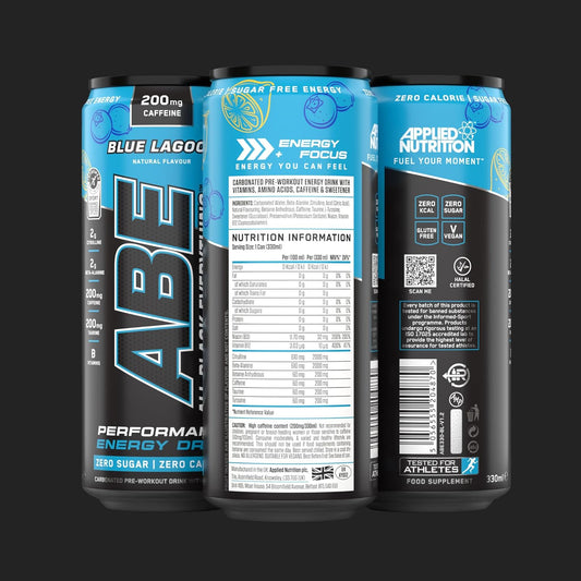 Applied Nutrition Abe Pre Workout Cans - All Black Everything Energy + Performance Drink, Abe Carbonated Beverage Sugar Free With Caffeine (Pack Of 12 Cans X 330Ml) (Blue Lagoon)