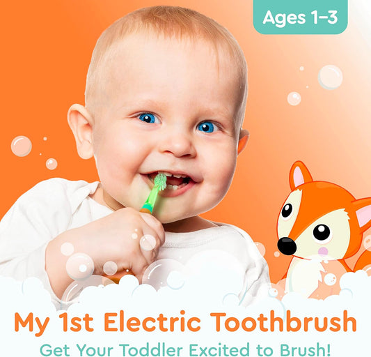 Brusheez Little Toddlers Sonic Toothbrush - Safe & Gentle Toothbrush for Ages 1-3 with Built-in, Light-Up 2-Minute Timer, Extra Brush Head, & Storage Base for First-Time Brushers (Fuzzy The Fox)