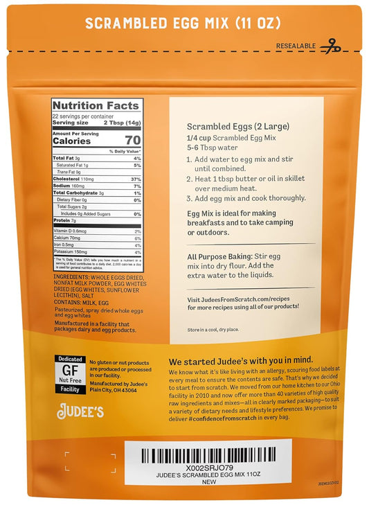 Judee’s Scrambled Egg Mix 11oz - Pasteurized, 100% Non-GMO,Gluten-Free & Nut-Free - For Baking and Homemade Scrambled Eggs - Made from Real Eggs and Real Dairy - Great for Travel Needs - Made in USA