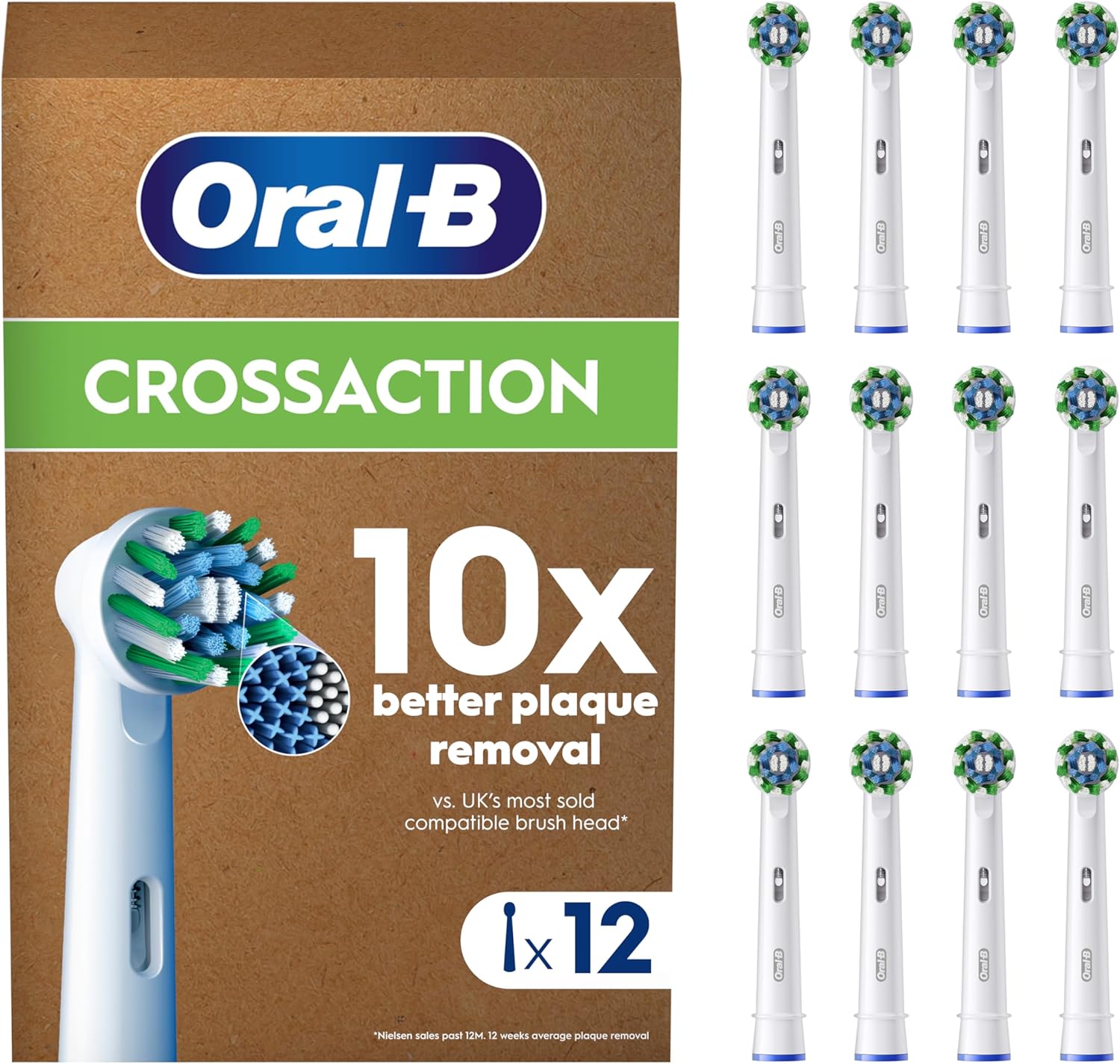 Oral-B Pro Cross Action Original Electric Toothbrush Head, X-Shape And Angled Bristles For Deeper Plaque Removal, Pack Of 12 Toothbrush Heads, Suitable For Mailbox, White
