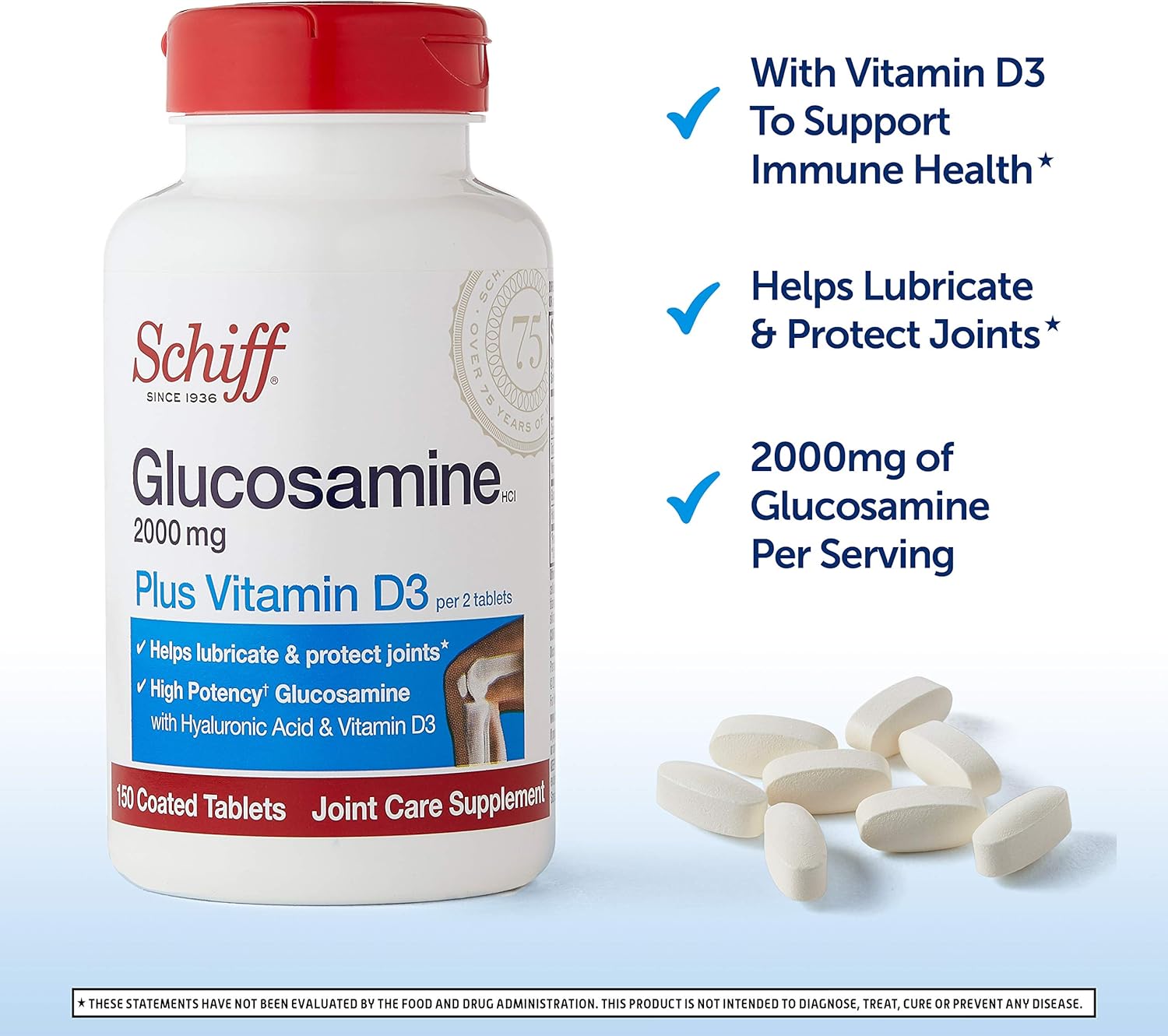 Schiff Glucosamine 2000mg with Vitamin D3 and Hyaluronic Acid, 150 Tablets - Joint Supplement (Pack of 3)