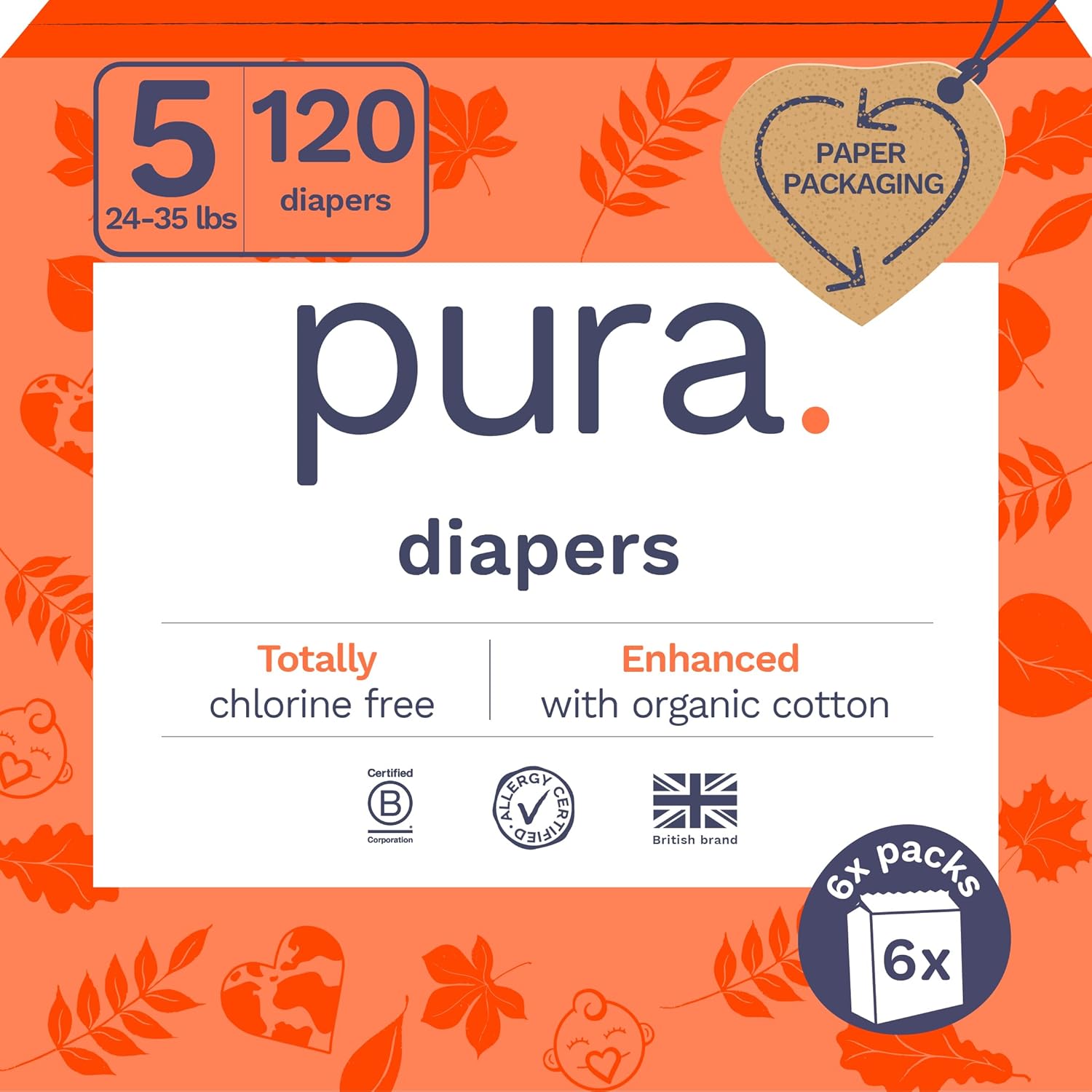 Pura Size 5 Eco-Friendly Diapers (24-35 Lbs) Totally Chlorine Free (Tcf), Hypoallergenic, Soft Organic Cotton, Sustainable, Up To 12 Hours Leak Protection, Allergy Uk, 6 Packs Of 20 (120 Diapers)