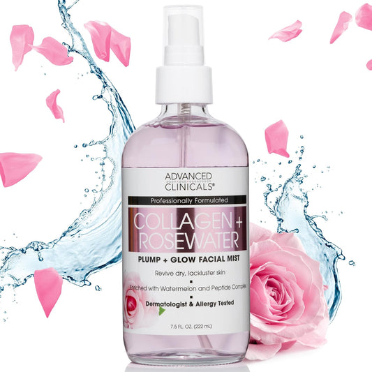 Advanced Clinicals Collagen + Rosewater Face Toner Skin Care Reviving & Hydrating Facial Mist For Face, Non-Greasy Instant Hydration Face Spray W/Pure Rose Water, Collage, & Natural Extracts, 8 Fl Oz