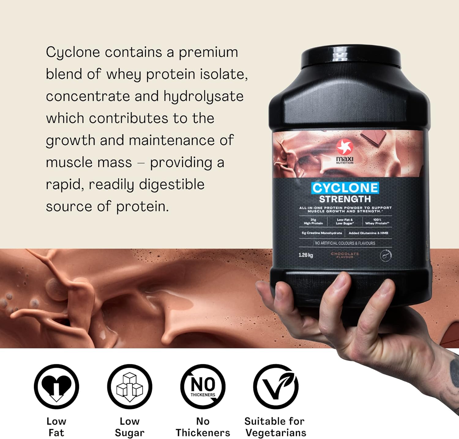 MaxiNutrition - Cyclone, Chocolate - Premium Whey Protein Powder with Added Creatine – Low in Sugar and Fat, Vegetarian-Friendly - 31g Protein, 204 kcal per Serving, 1.26kg