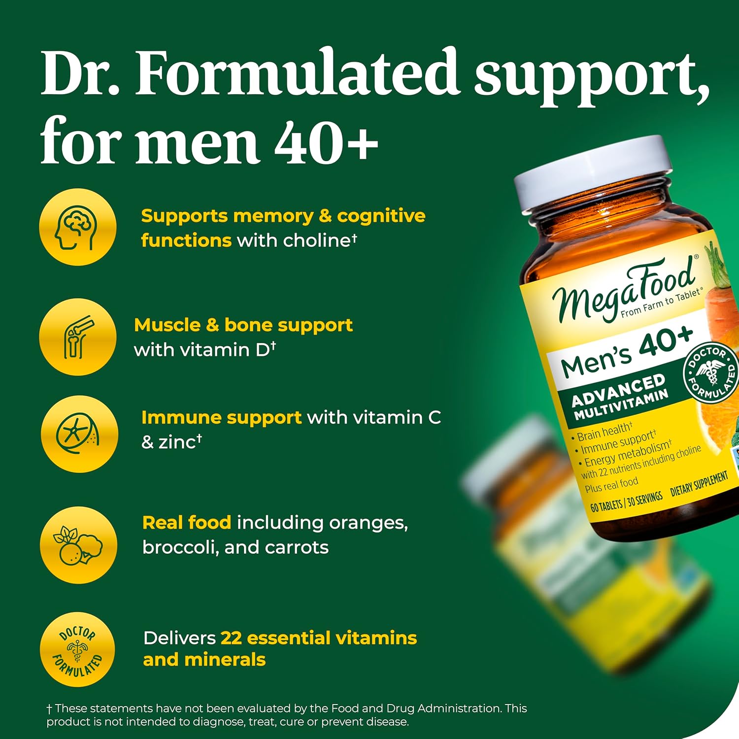 MegaFood Men's 40+ Advanced Multivitamin for Men - Dr-Formulated - Choline, Vitamin B, Vitamin C, Vitamin D, Zinc & Real Food - Brain Health, Immune Support - Vegetarian - 60 Tabs (30 Servings) : Health & Household