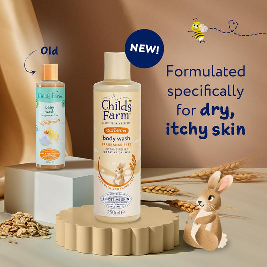 Childs Farm Oatderma Body Wash, Fragrance Free, Soothing Face Bath Shower Gel, Sensitive Skin Soap, Baby Kids, 250Ml (Pack Of 2)